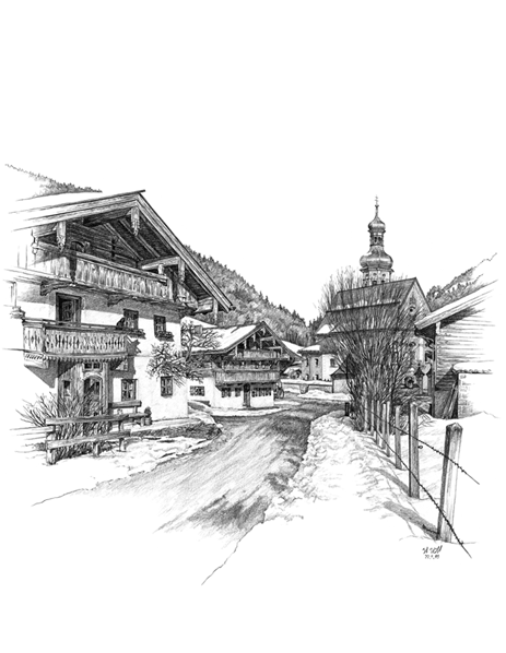 Typische, sogenannte Einfirsthöfe im winterlichen Sachrang