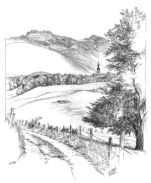 Umrathshausen mit der Kampenwand im Hintergrund