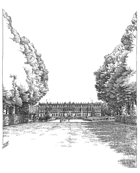 Herrenchiemsee: Schlosspark mit der Westfassade des Königsschlosses