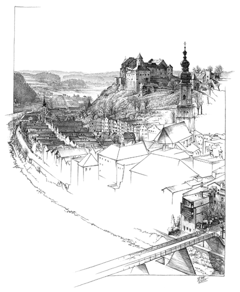 Burghausen: Blick über die Altstadt auf die Burg