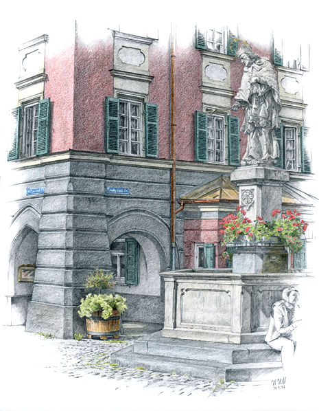 Rosenheim: Der Nepomukbrunnen am Max-Josefs-Platz